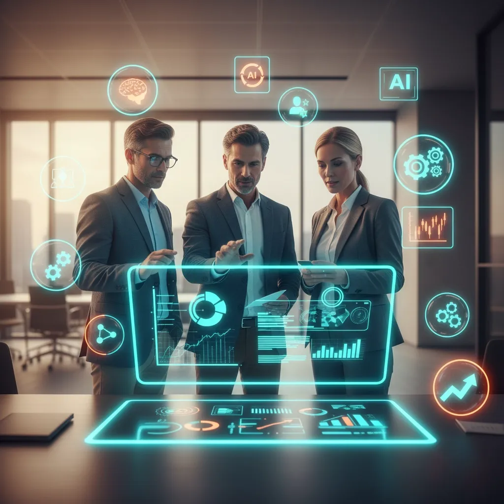 Team bespricht Kennzahlen gemeinsam an einem holografischen Display (KI-generiertes Bild)