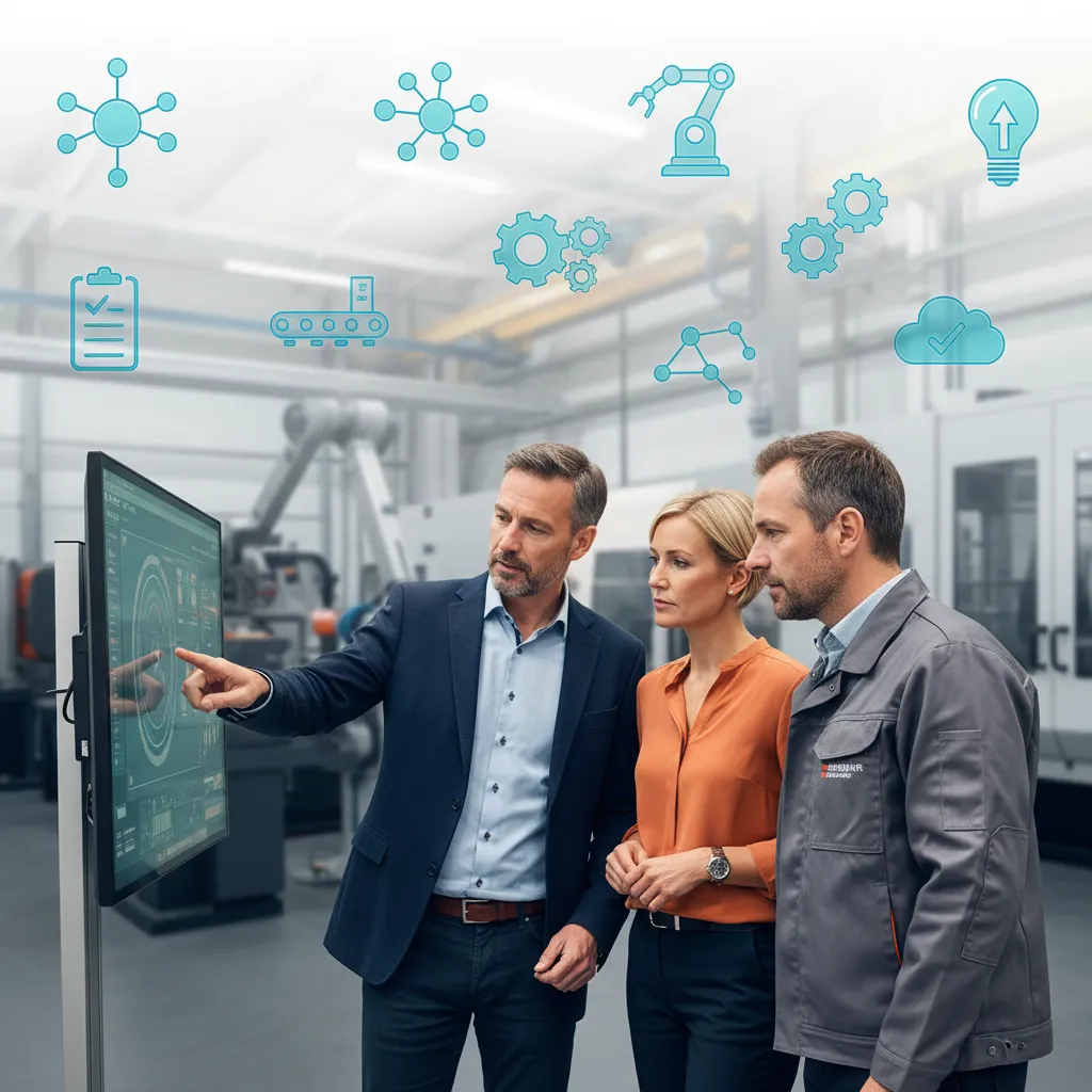 Fachkraft und Team besprechen Automatisierung in der Produktionshalle (KI-generiertes Bild)
