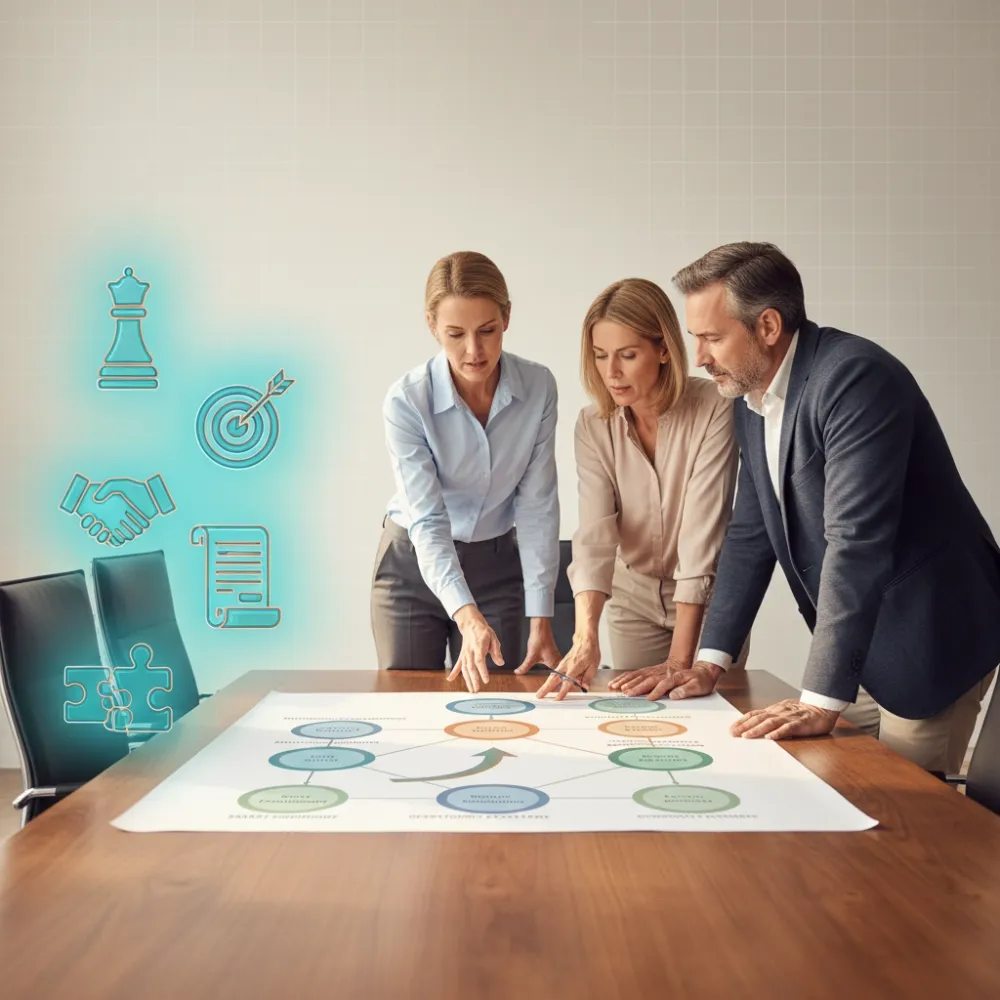 Team plant ein Vorhaben am Tisch, Ziel- und Ideensymbole im Raum (KI-generiertes Bild)