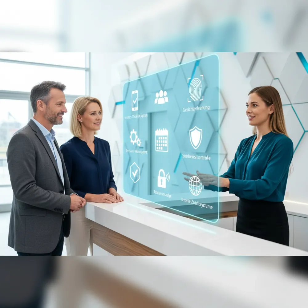 Personen an einer digitalen Wand mit Sicherheits- und Prüfsymbolen (KI-generiertes Bild)