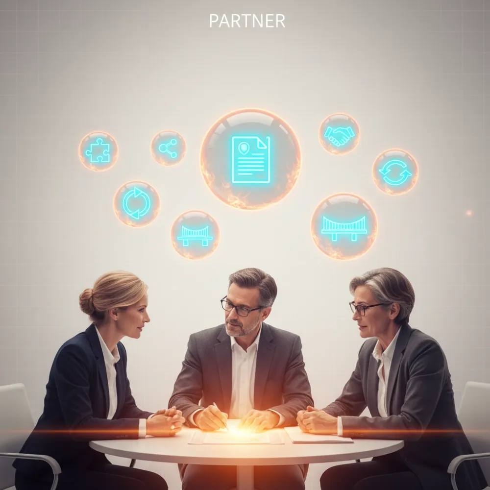 Besprechung am Tisch, Partner- und Vertrauenssymbole im Raum (KI-generiertes Bild)