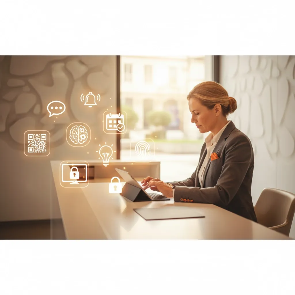 Person arbeitet allein am Tablet, Schloss- und Fingerabdruck-Symbole daneben (KI-generiertes Bild)